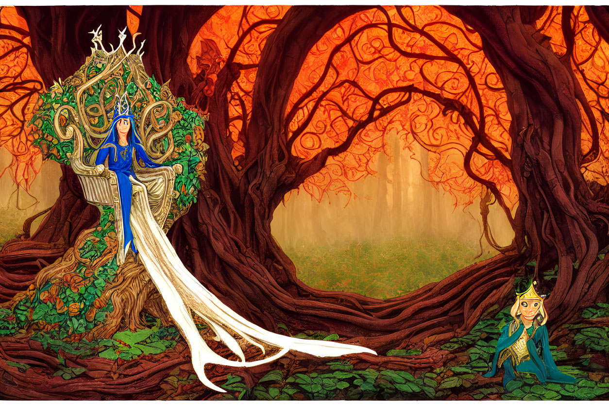 Regal blue figure on tree throne with autumnal trees and small crowned character