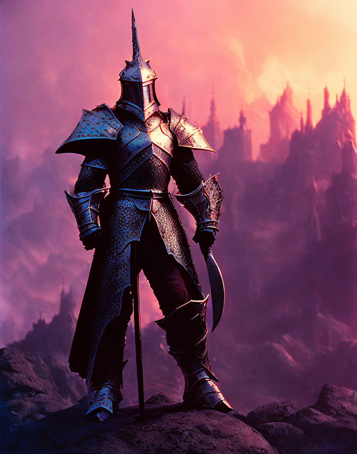 Knight in ornate armor on rock with crimson sky and castle silhouette