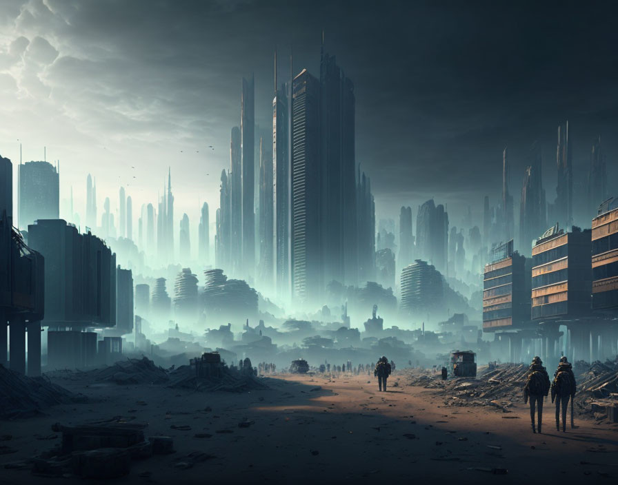 Dystopian cityscape with skyscrapers, ruins, and people in gloomy atmosphere