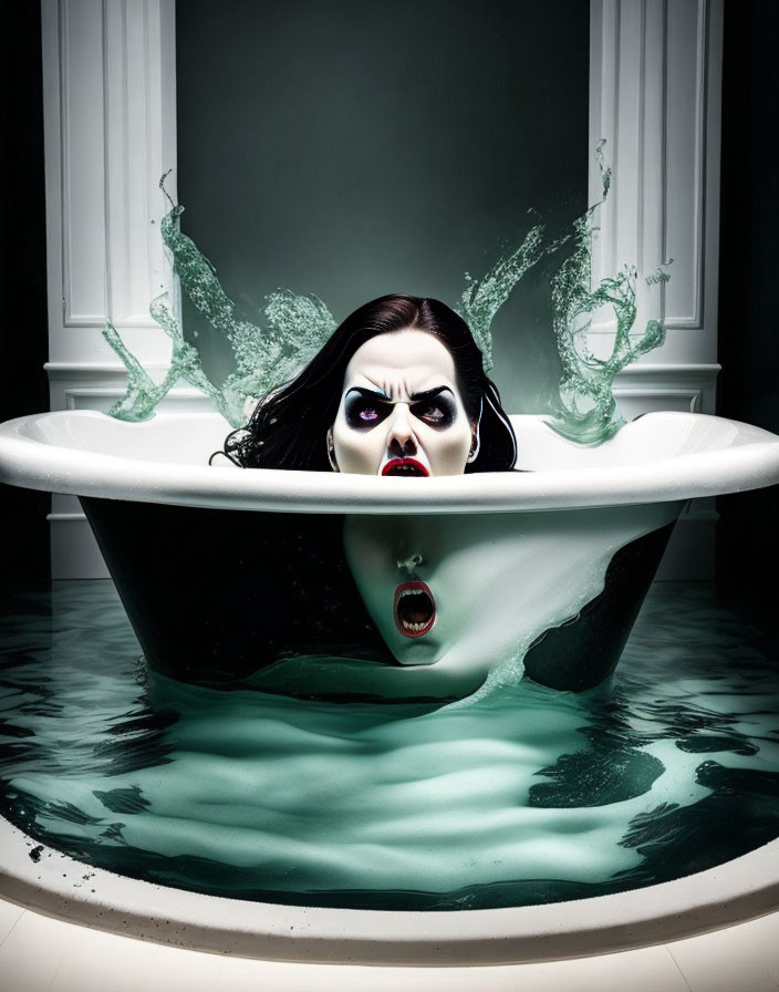 Exaggerated makeup woman emerging from dark water in bathtub