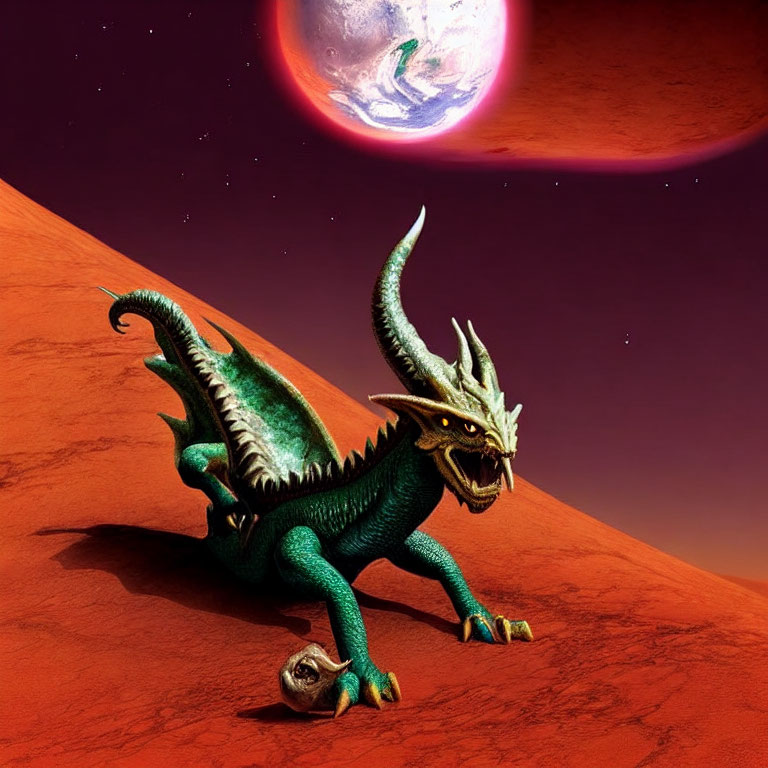 Green dragon on red Martian landscape with Earth and moon in the sky