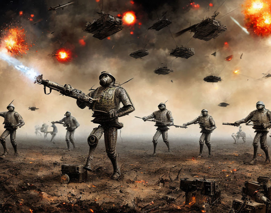 Armored astronauts in war-torn landscape with tanks and helicopters in fiery battle