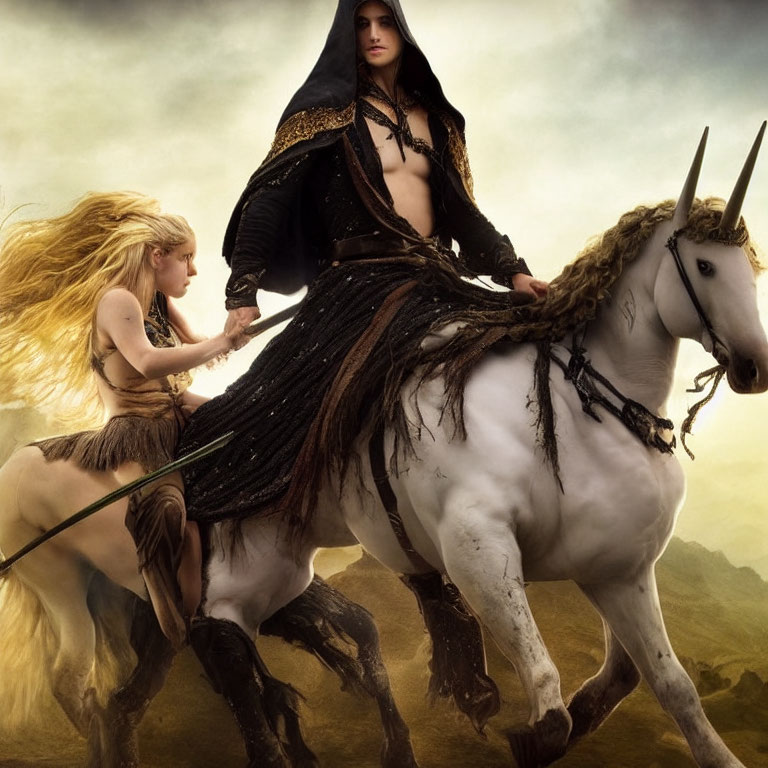 Hooded figure on white horse with blonde figure in dramatic cloudy scene