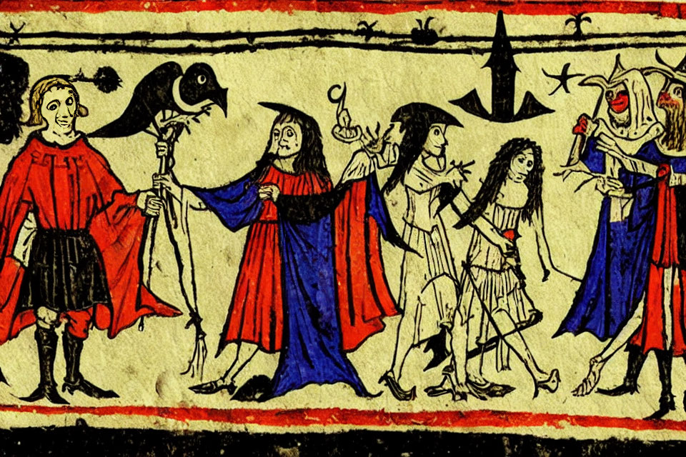Medieval manuscript illustration of figures in red and blue robes with crowns and mythical creatures