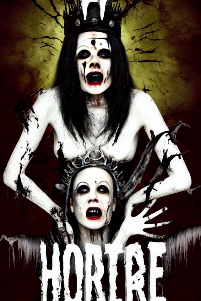Gothic horror image: two figures with white face paint, dark makeup, and "HOR