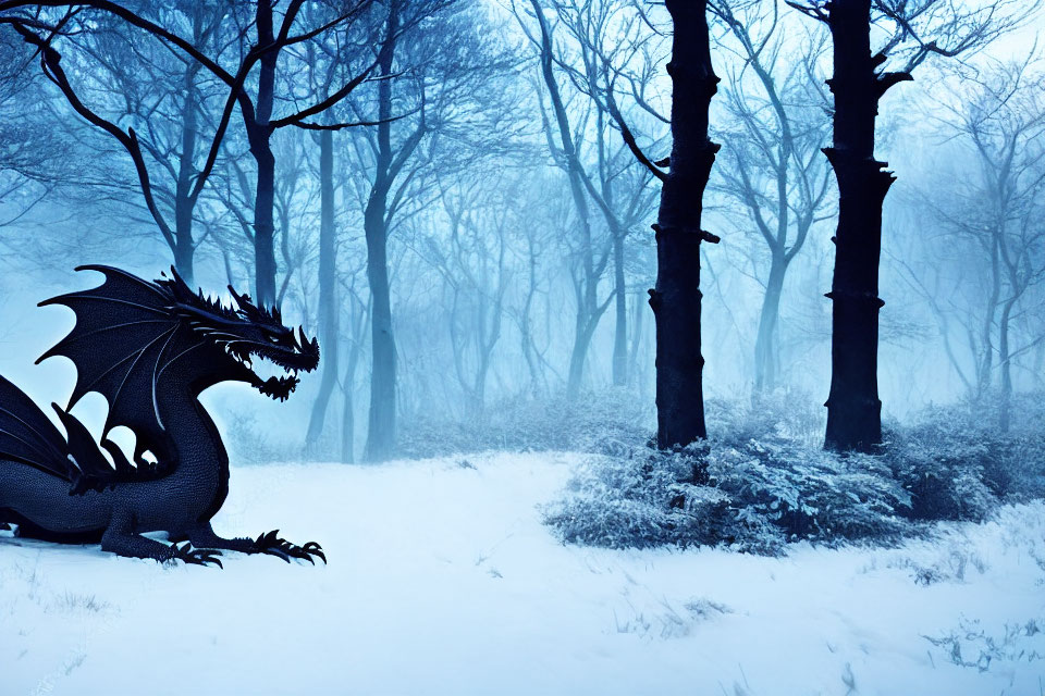 Black Dragon in Snowy Forest with Fog and Bare Trees