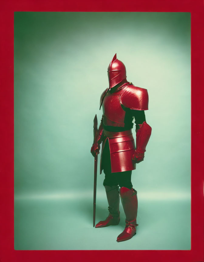 Shiny red medieval figure in armor with spear on green background