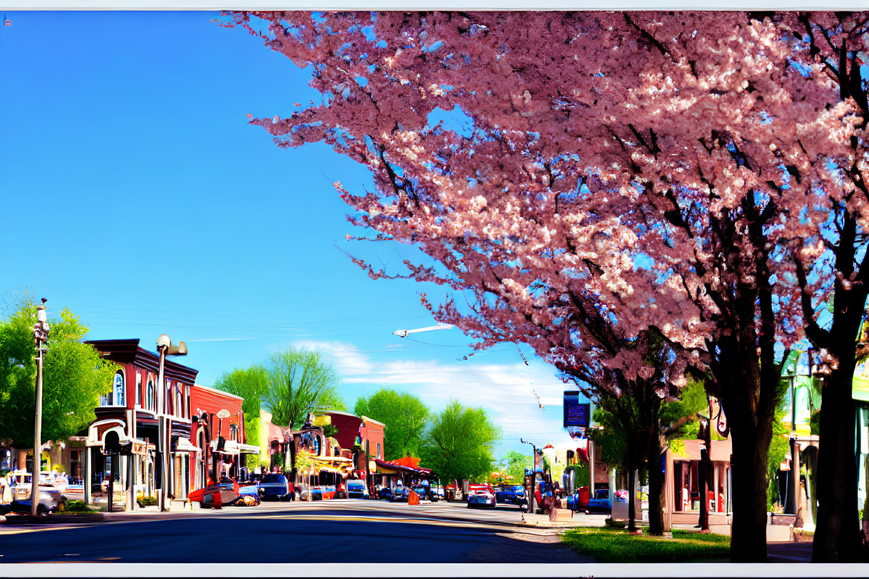 Cherry Blossom-Lined Town Street with Shops and Cars