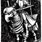 Monochrome illustration: Armored knight with lance and sword in forest