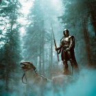 Medieval knight in armor with sword in misty forest landscape