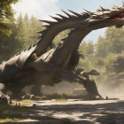 Gigantic dragon with spikes in forest road with person visible