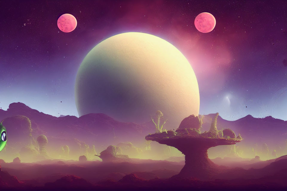 Surreal landscape with pink moons, planet, cosmic sky & unique vegetation