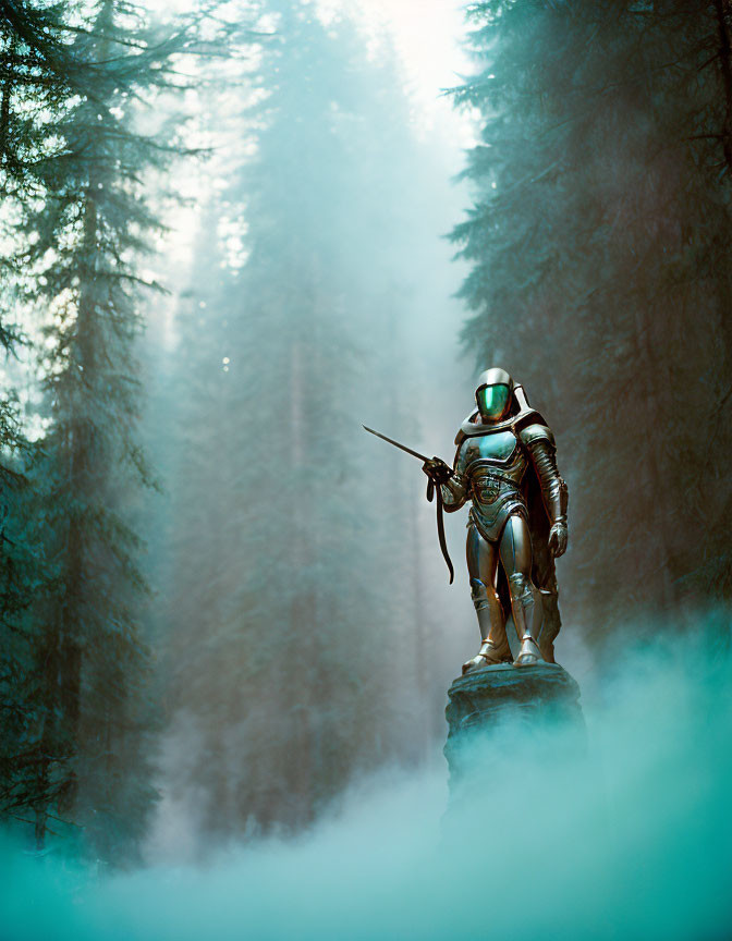 Medieval knight in armor with sword in misty forest landscape