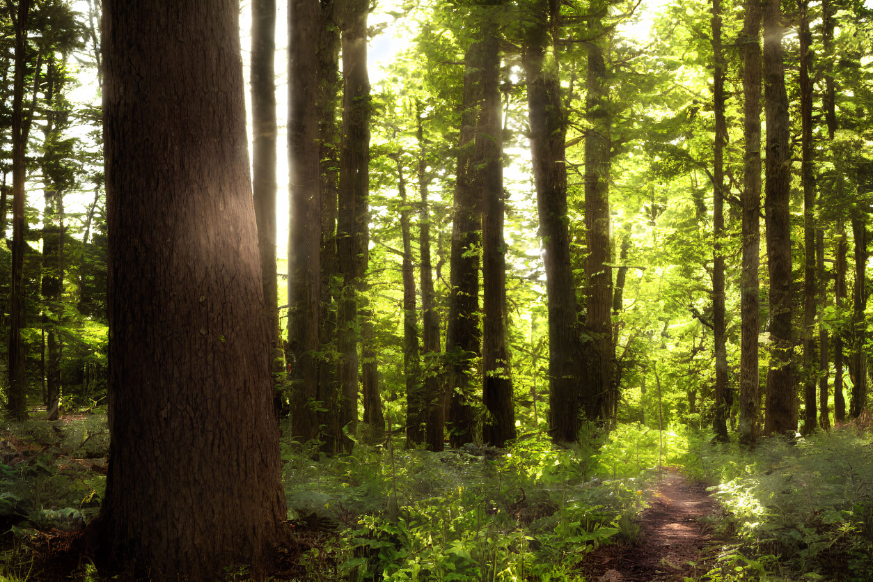 Dappled sunlight in dense forest illuminates lush greenery