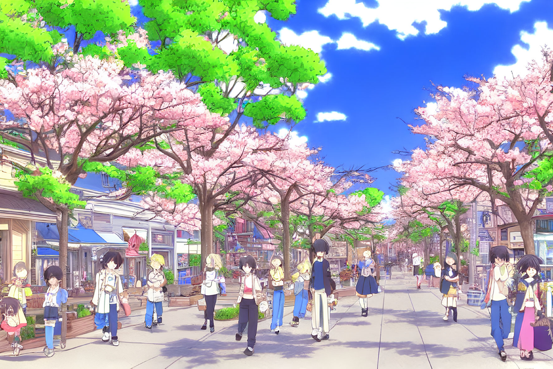 Bustling Street Scene Under Cherry Blossom Trees