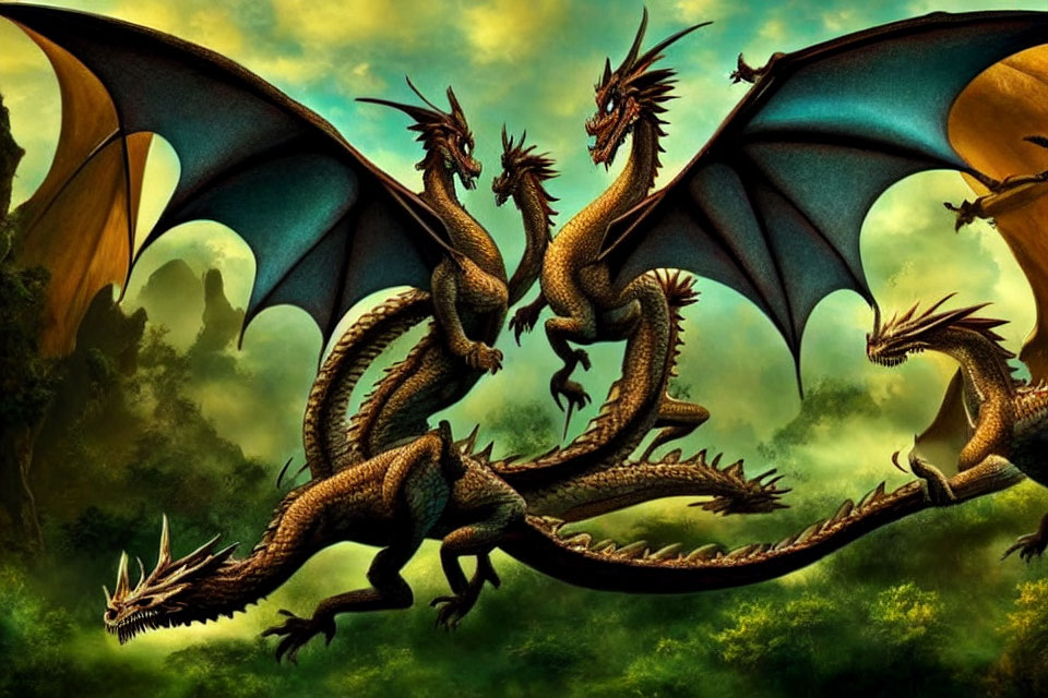 Majestic dragons with outstretched wings in lush fantasy landscape