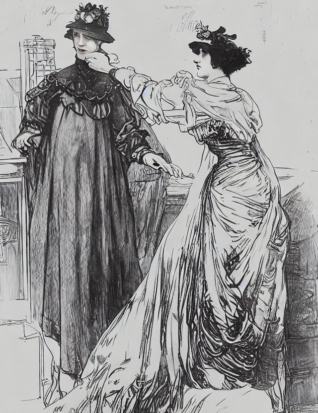 Two elegantly dressed women in vintage attire having a conversation