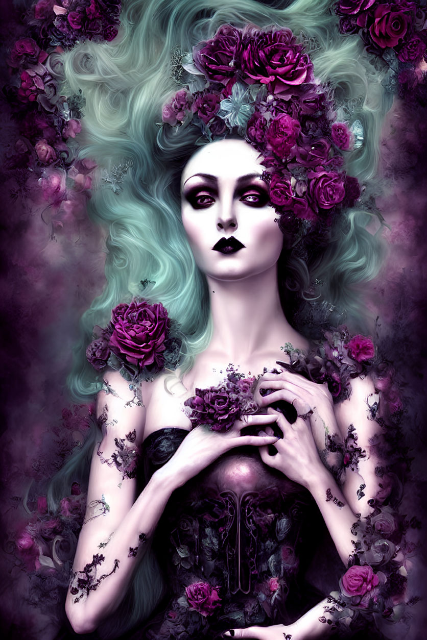 Pale-skinned woman with turquoise hair and dark roses: Gothic style.