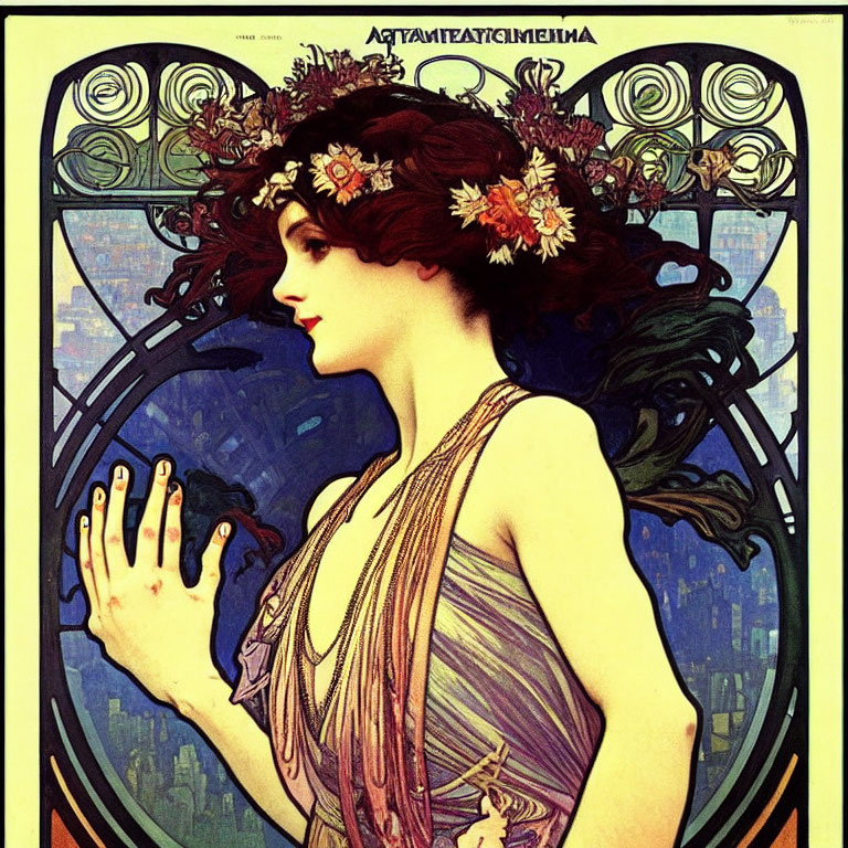 Woman with floral wreath in Art Nouveau-style gown against cityscape