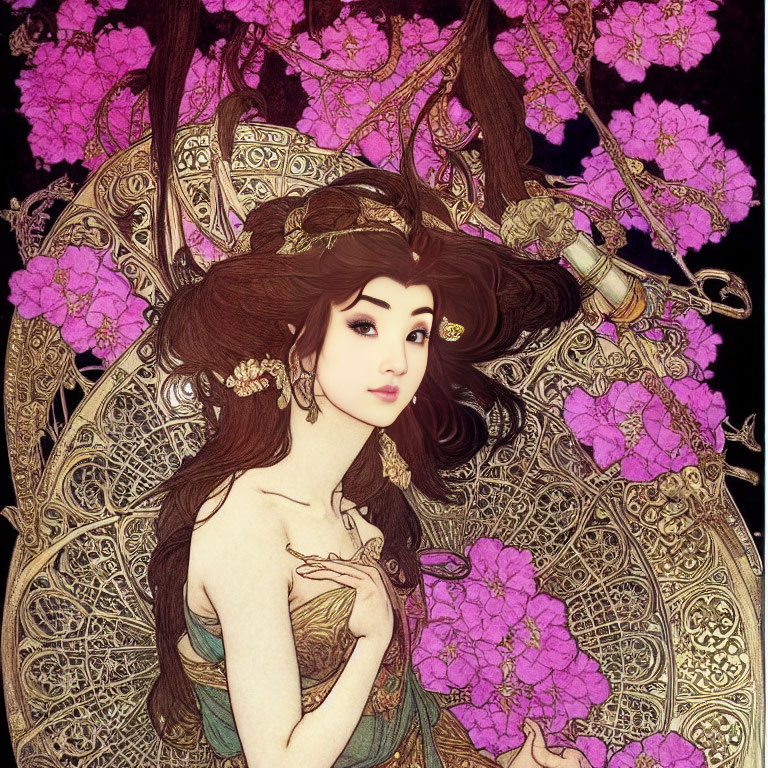 Illustrated Woman with Intricate Hair Ornaments in Pink Flower Setting
