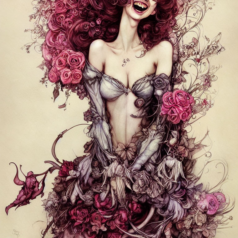 Colorful woman in floral fantasy artwork