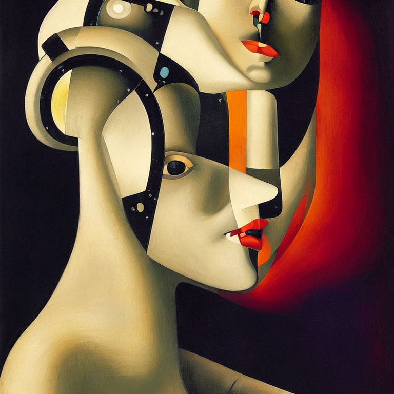 Surreal painting: Interlocking faces with abstract and mechanistic elements