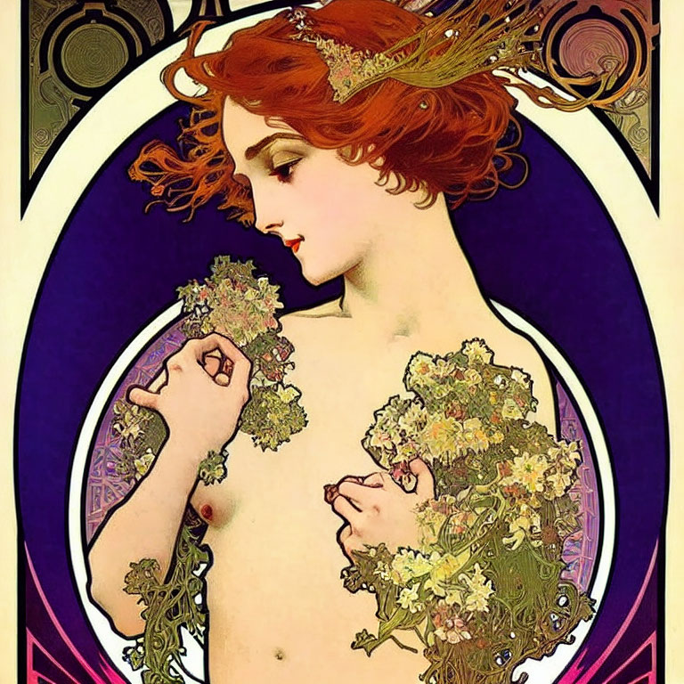 Art Nouveau Woman Illustration with Red Hair and Floral Motif