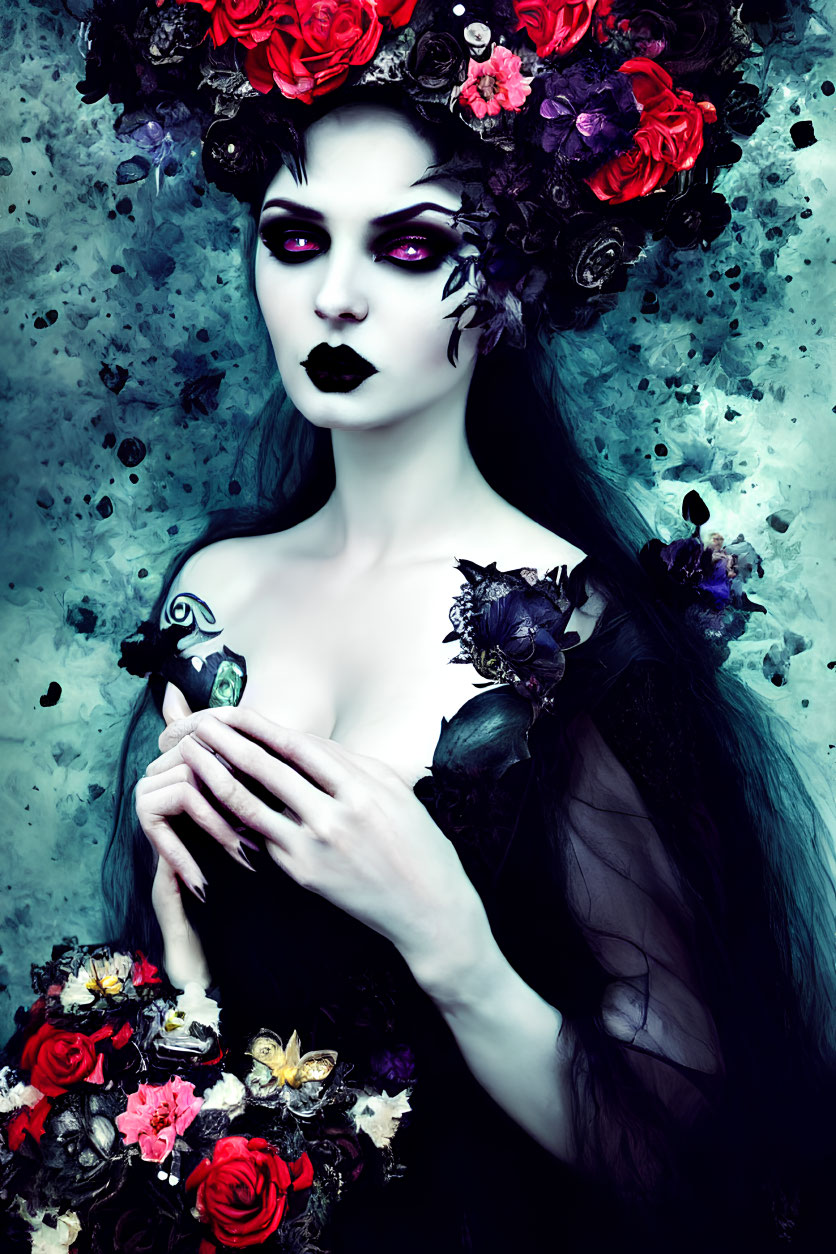 Gothic figure with pale skin and red eyes holding a bird in a flower crown