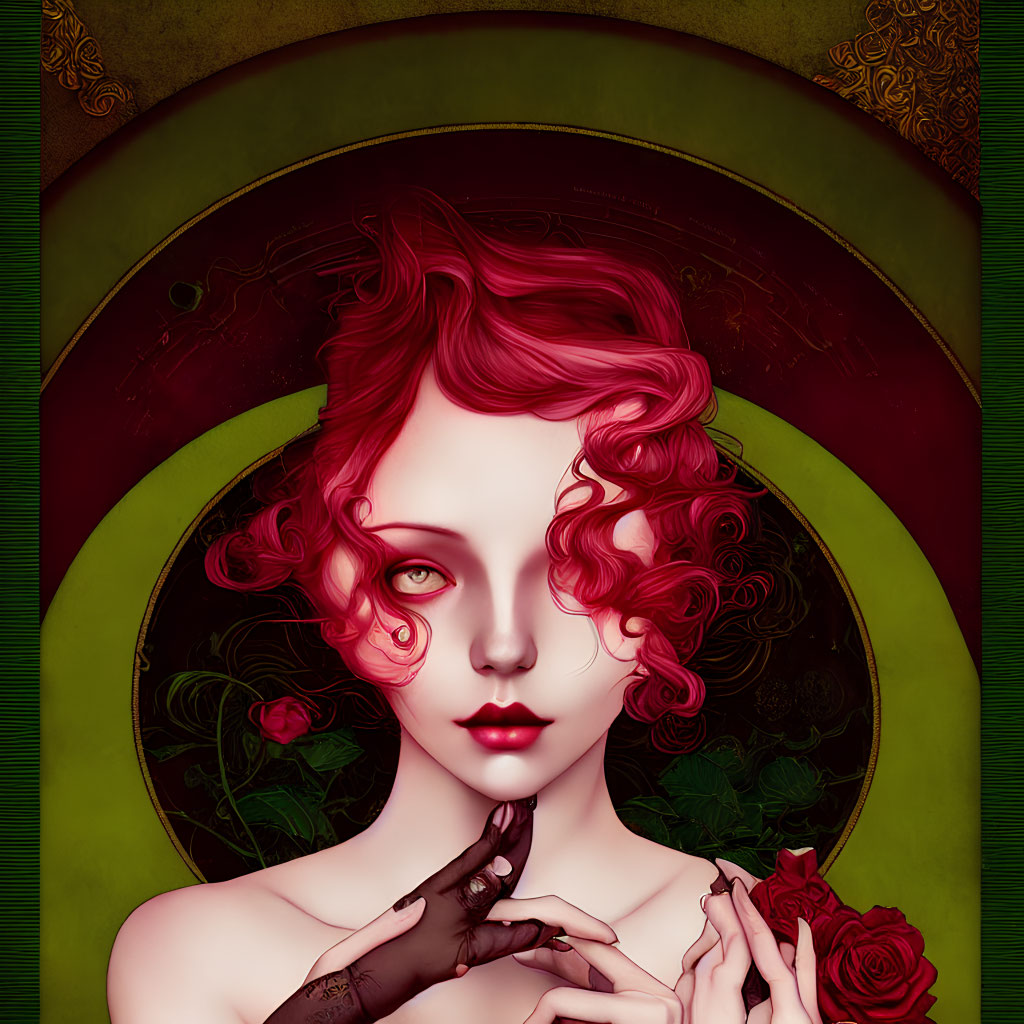 Red-haired woman with rose in circular green-gold backdrop