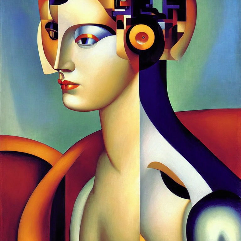 Abstract Stylized Female Figure with Vibrant Colors and Mechanical Elements