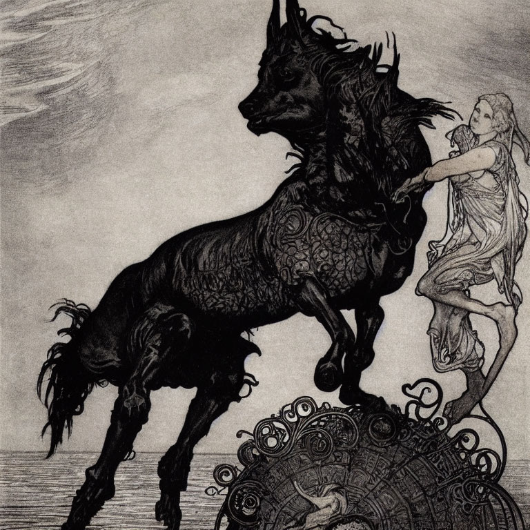 Ethereal woman riding black stag above circular motif
