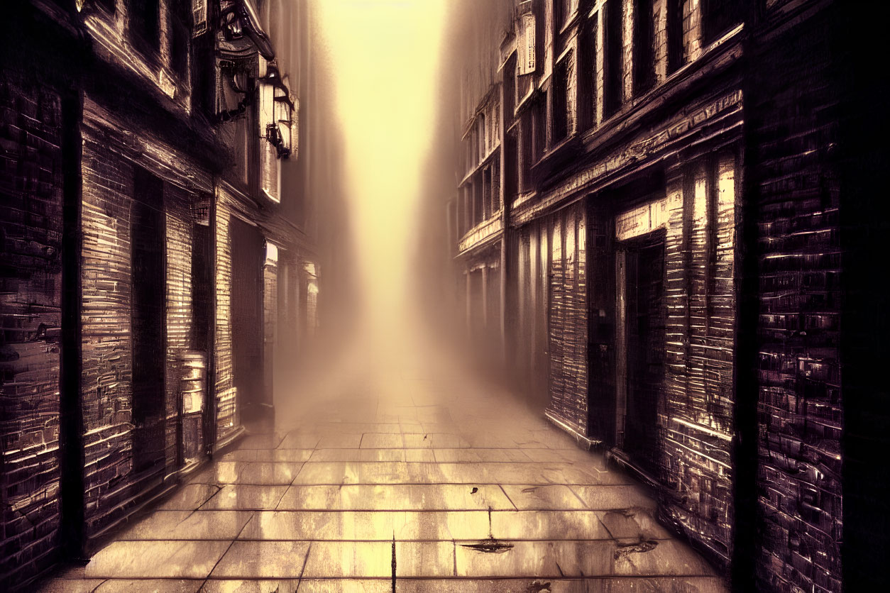 Misty sepia-toned alley with old brick buildings
