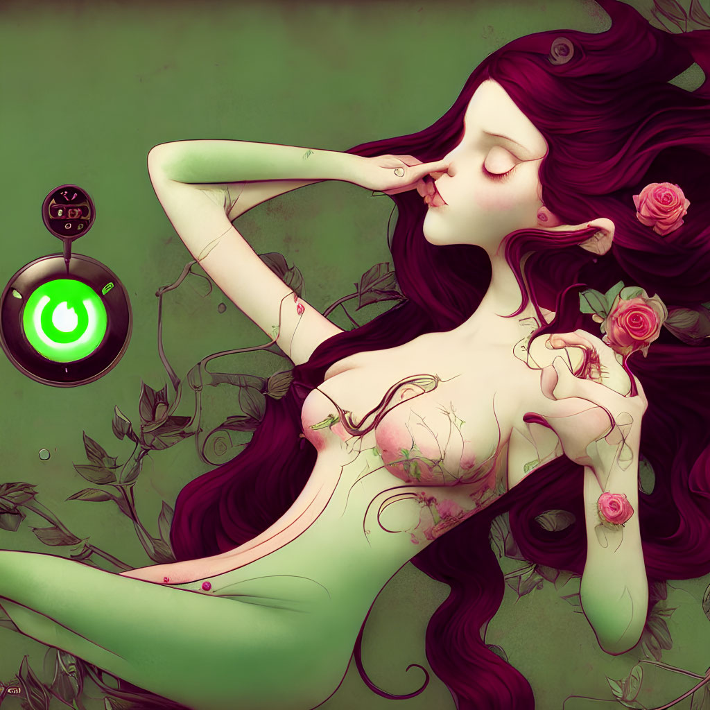 Fantasy female figure with rose motifs and green-toned skin beside a glowing robotic eye.