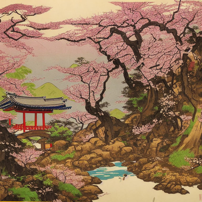 Asian landscape with cherry blossoms, red pagoda, rocky terrain, and stream boat