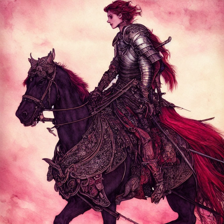 Illustrated knight in elaborate armor riding black steed on crimson backdrop
