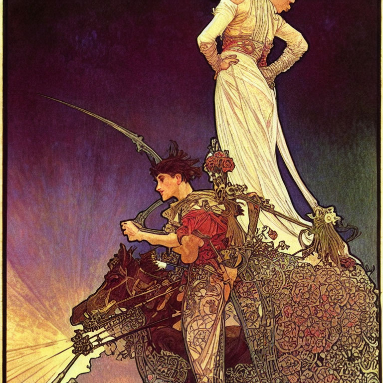 Art Nouveau illustration of knight on horseback with sword and elegant woman
