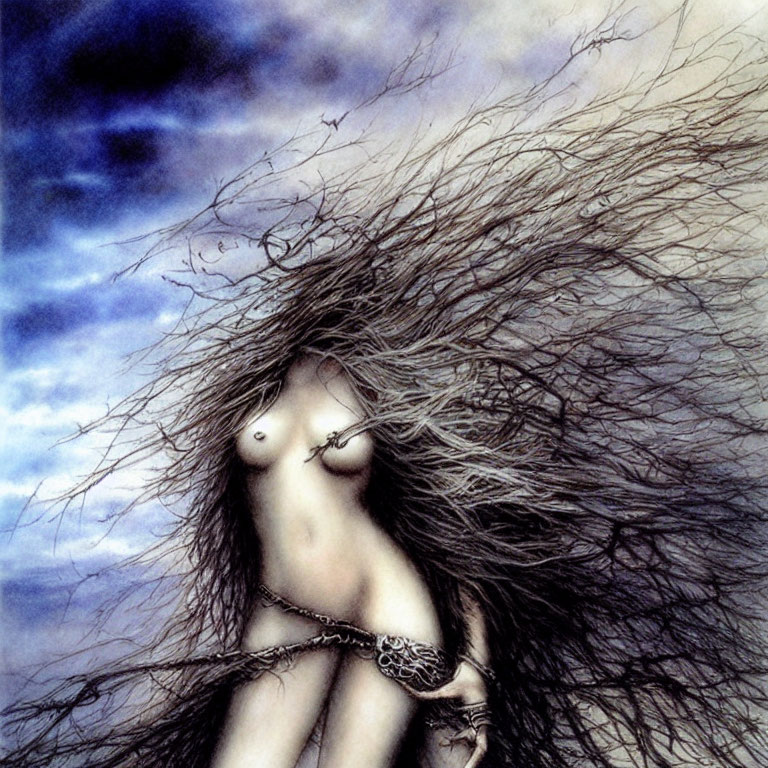 Figure with Long, Wild Hair Blending into Stormy Sky and Silver Chains - Untamed Nature
