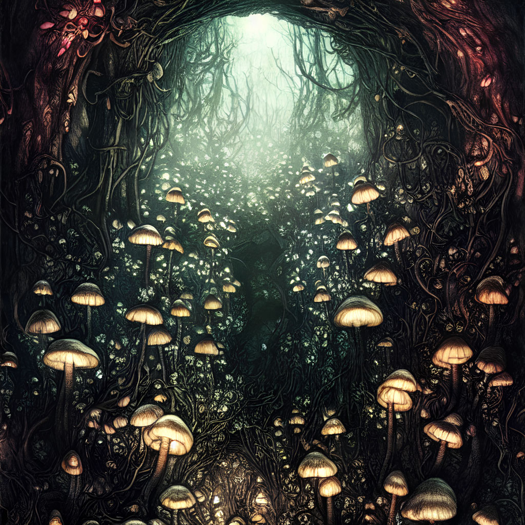 Ethereal forest scene with glowing mushrooms and intricate tree roots