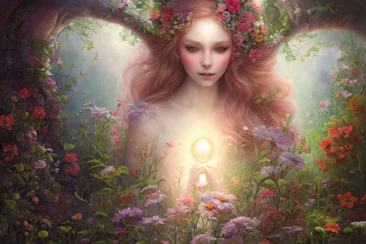 Pink-haired woman with floral wreath and glowing key in lush flower setting