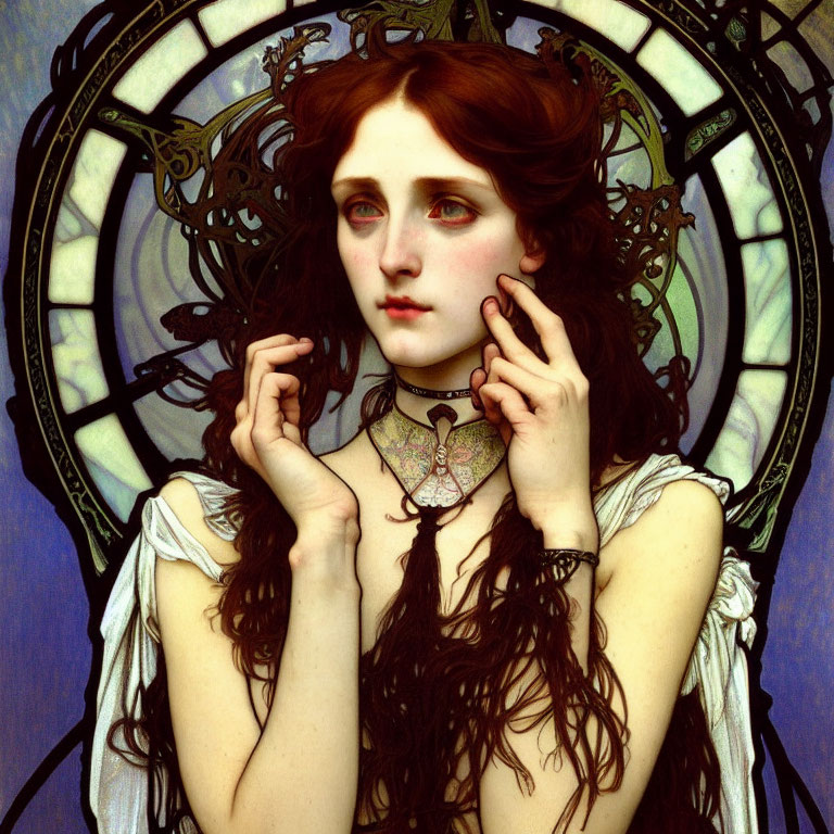 Art Nouveau Style Painting of Wistful Woman with Long Wavy Hair