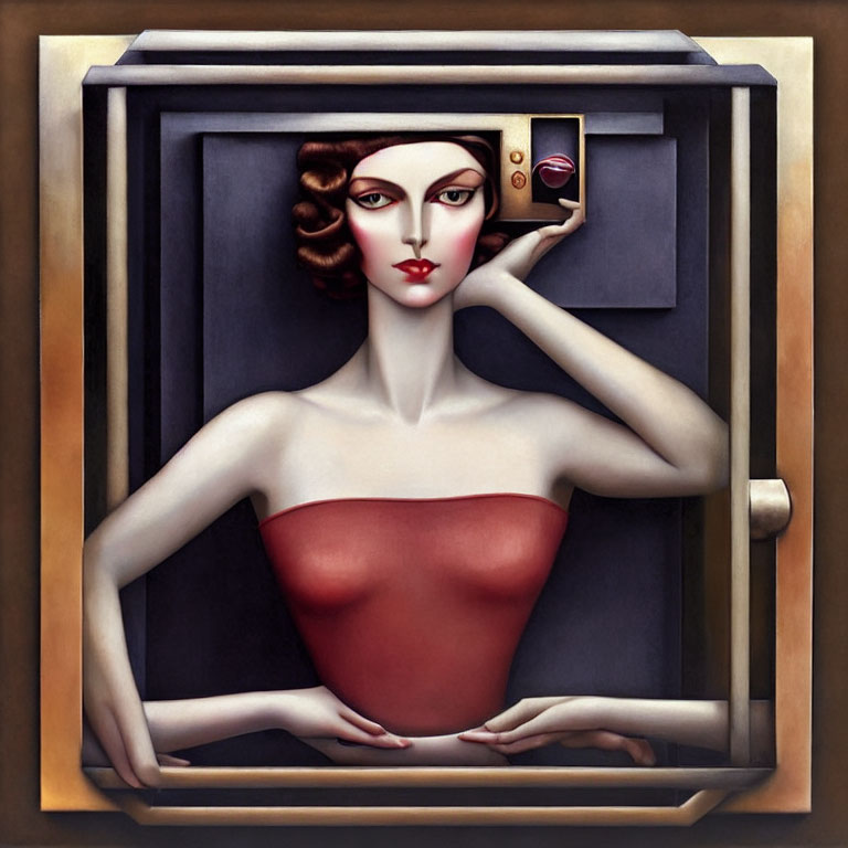 Stylized woman in red bustier with wavy hair holding object in surreal artwork