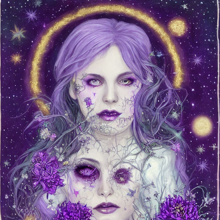 Mystical woman with purple hair and eyes, floral skin patterns, golden halo, stars