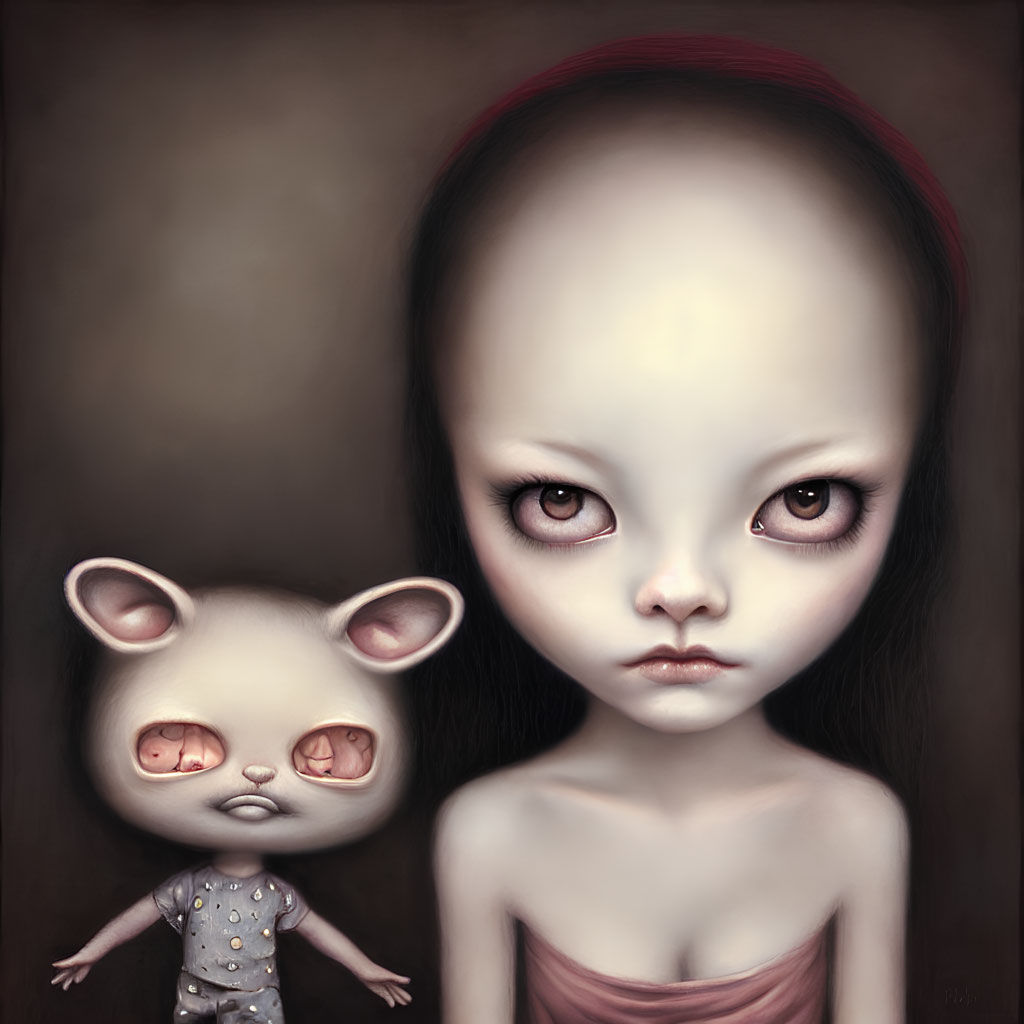 Dark-eyed girl and doll-like creature with mouse ears in haunting scene