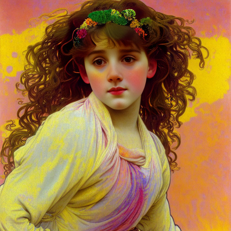 Young girl with curly hair in floral wreath against pastel backdrop