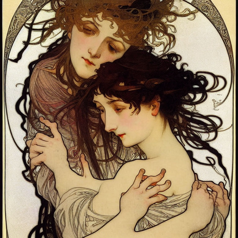 Art Nouveau illustration of two women embracing in ornate border