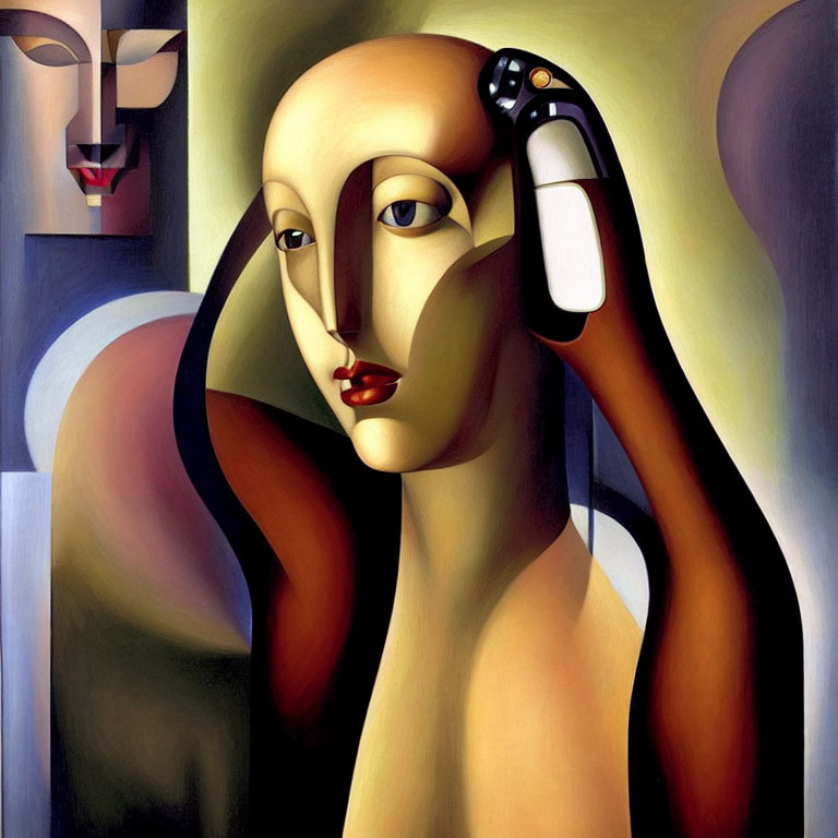 Surrealistic painting of stylized woman with elongated features and cubist influence