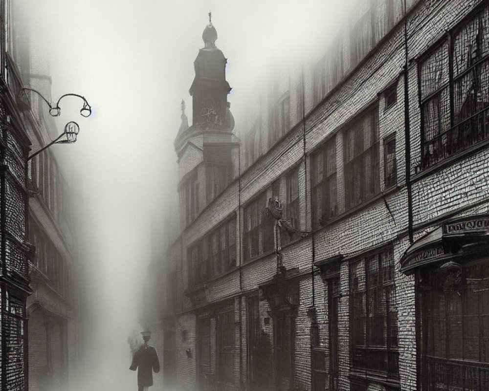 Man in coat and hat walking on foggy cobblestone street with vintage buildings.