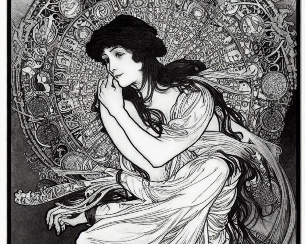 Art Nouveau illustration of woman with flowing hair and intricate patterns