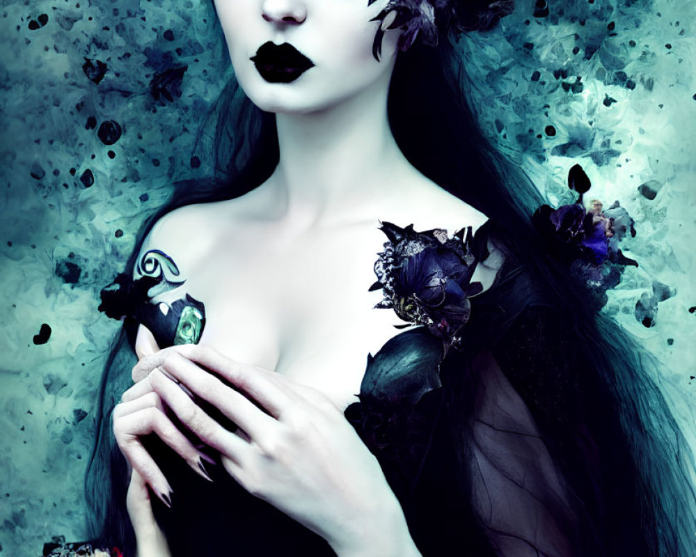 Gothic figure with pale skin and red eyes holding a bird in a flower crown