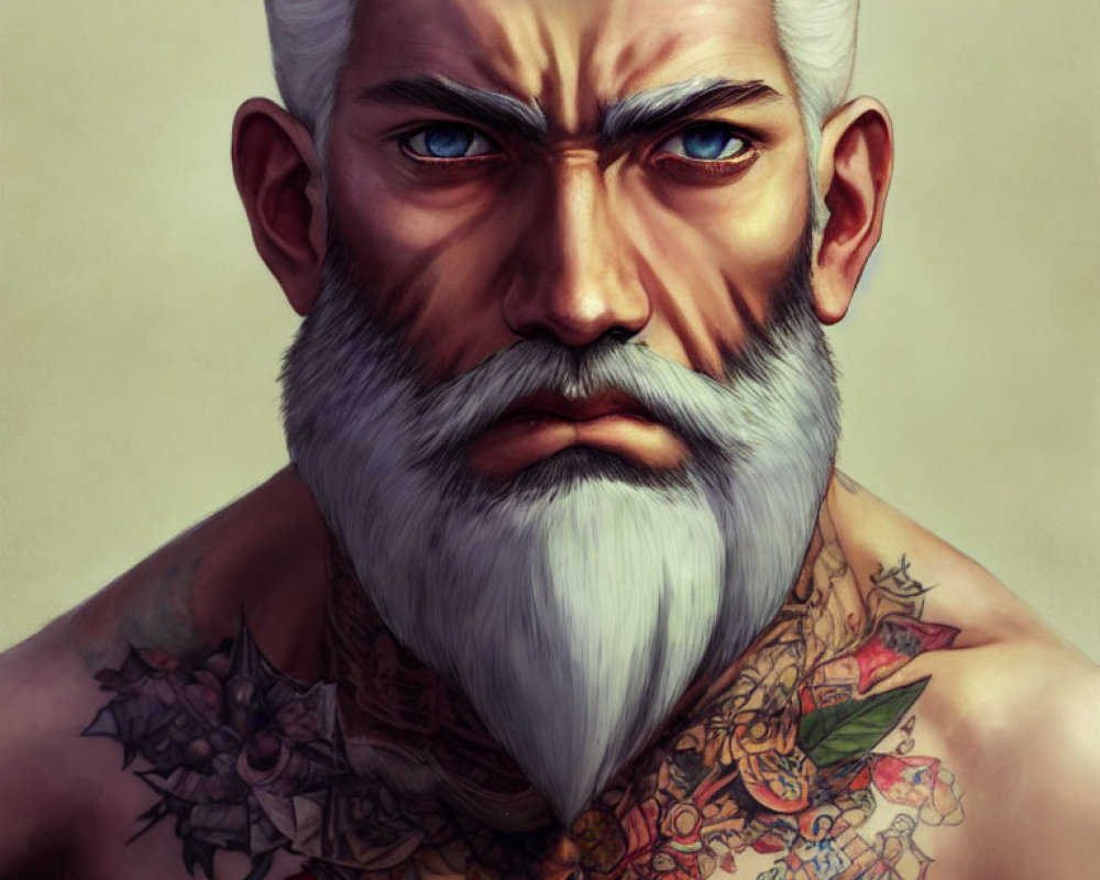 Detailed illustration of stern man with blue eyes, white beard, and colorful tattoos